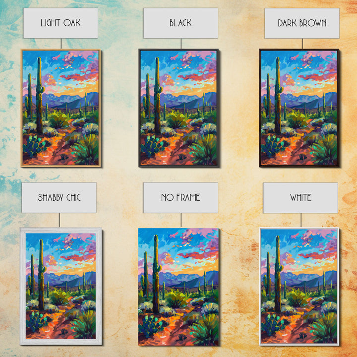 Framed Canvas Print, Cactus and Desert Path Wall Art, Vibrant Southwest Landscape for Living Room or Bedroom, Nature Art Poster Piece
