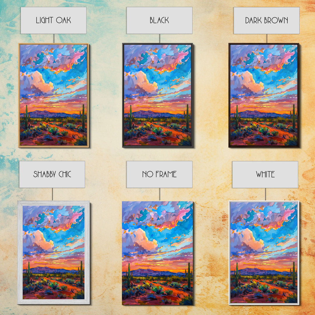Framed Canvas Print, Colorful Desert Sunset with Cacti, Stunning Wall Art for Living Room or Bedroom Decoration