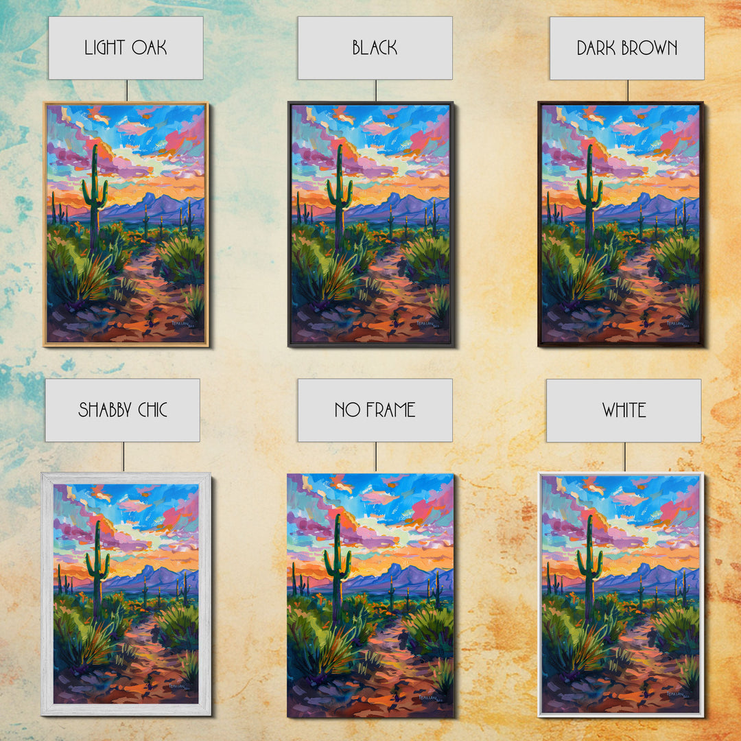 Framed Canvas Print, Sunset Over Desert with Cacti, Stunning Wall Art for Living Room or Bedroom Decor