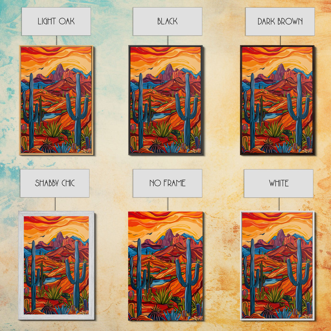Framed Canvas Print, Bright Desert Landscape with Cacti and Mountains, Perfect Wall Art for Living Room or Bedroom