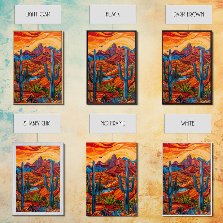 Framed Canvas Print, Bright Desert Landscape with Cacti and Mountains, Perfect Wall Art for Living Room or Bedroom