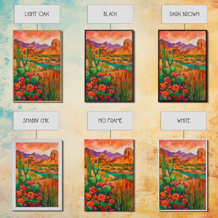 Framed Canvas Print, Colorful Desert Landscape with Blooming Cacti, Beautiful Wall Art for Living Room or Bedroom Decor