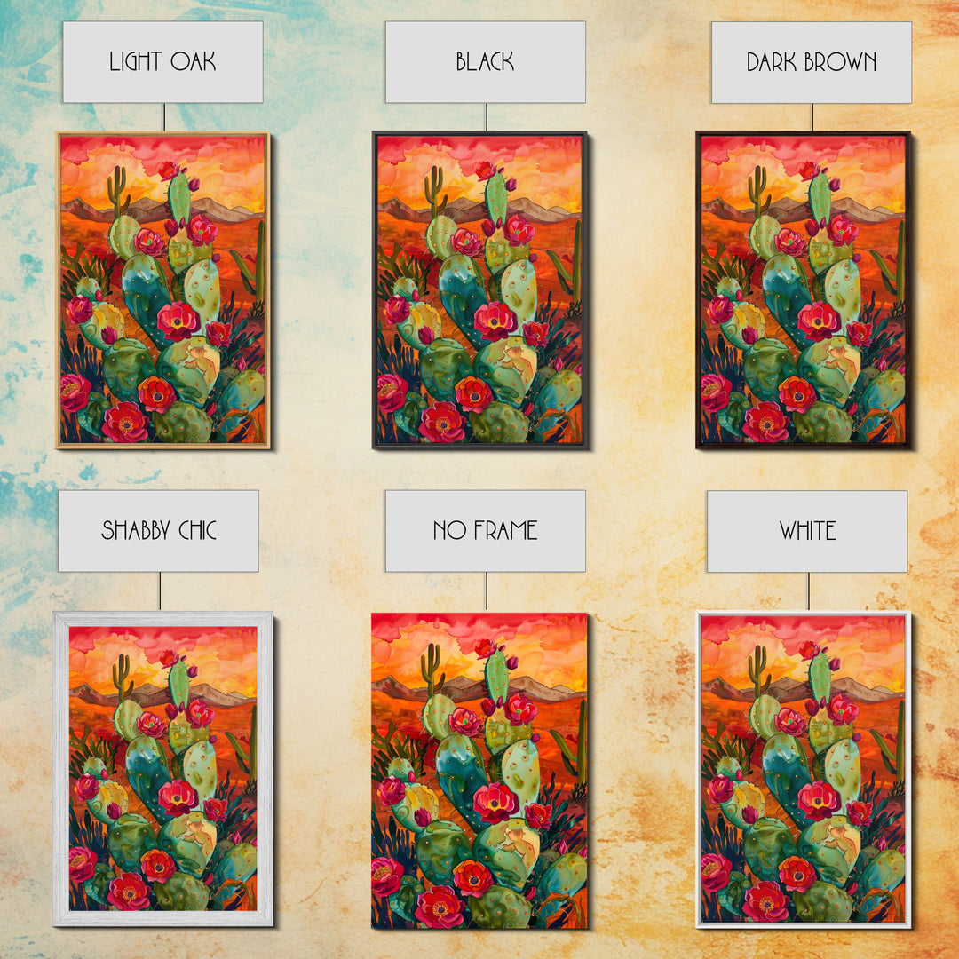 Framed Canvas Print, Blooming Cacti in Desert Sunset, Stunning Wall Art for Living Room or Bedroom Decor