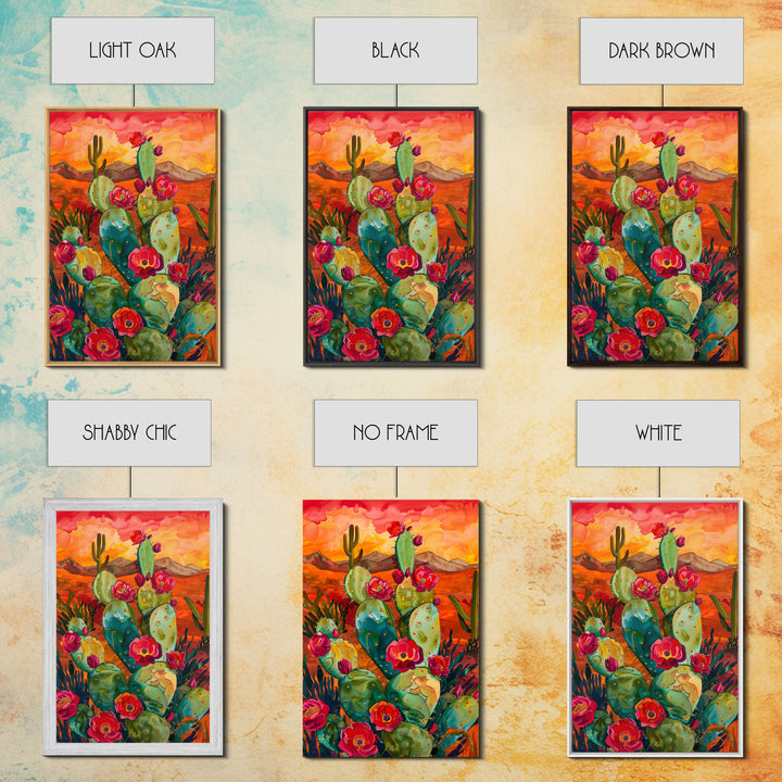 Framed Canvas Print, Blooming Cacti in Desert Sunset, Stunning Wall Art for Living Room or Bedroom Decor