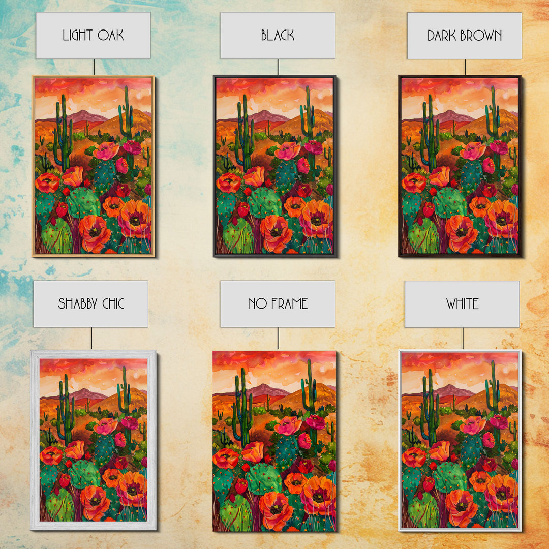 Southwest Desert Landscape with Cacti and Flowers, Colorful Wall Art for Living Room or Bedroom, Framed Canvas Print