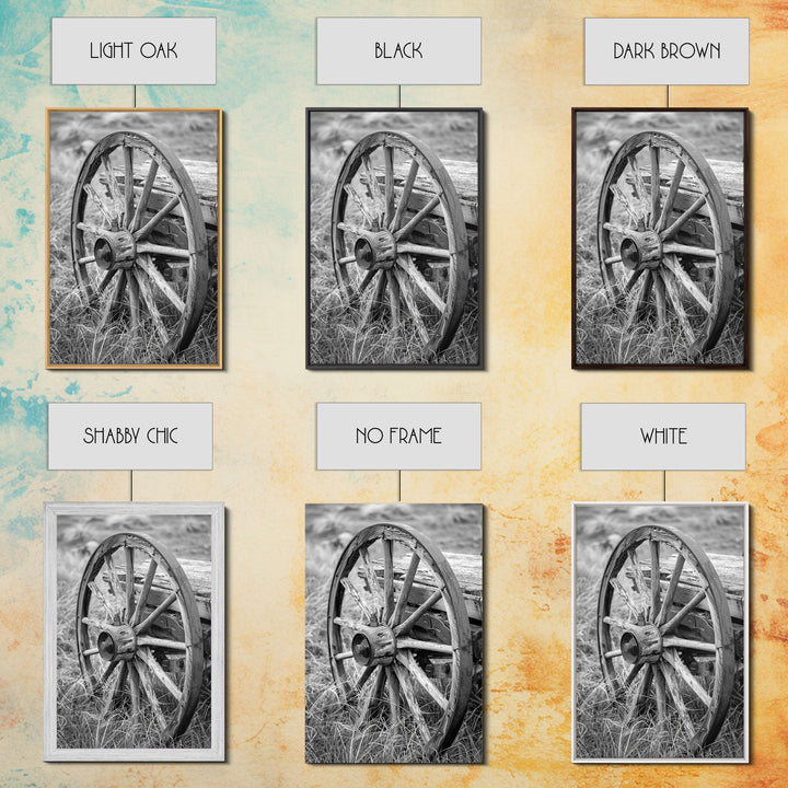 Weathered wagon wheel in tall grass, black and white photography, Framed Canvas Print, rustic Western decor, vintage wall art for home