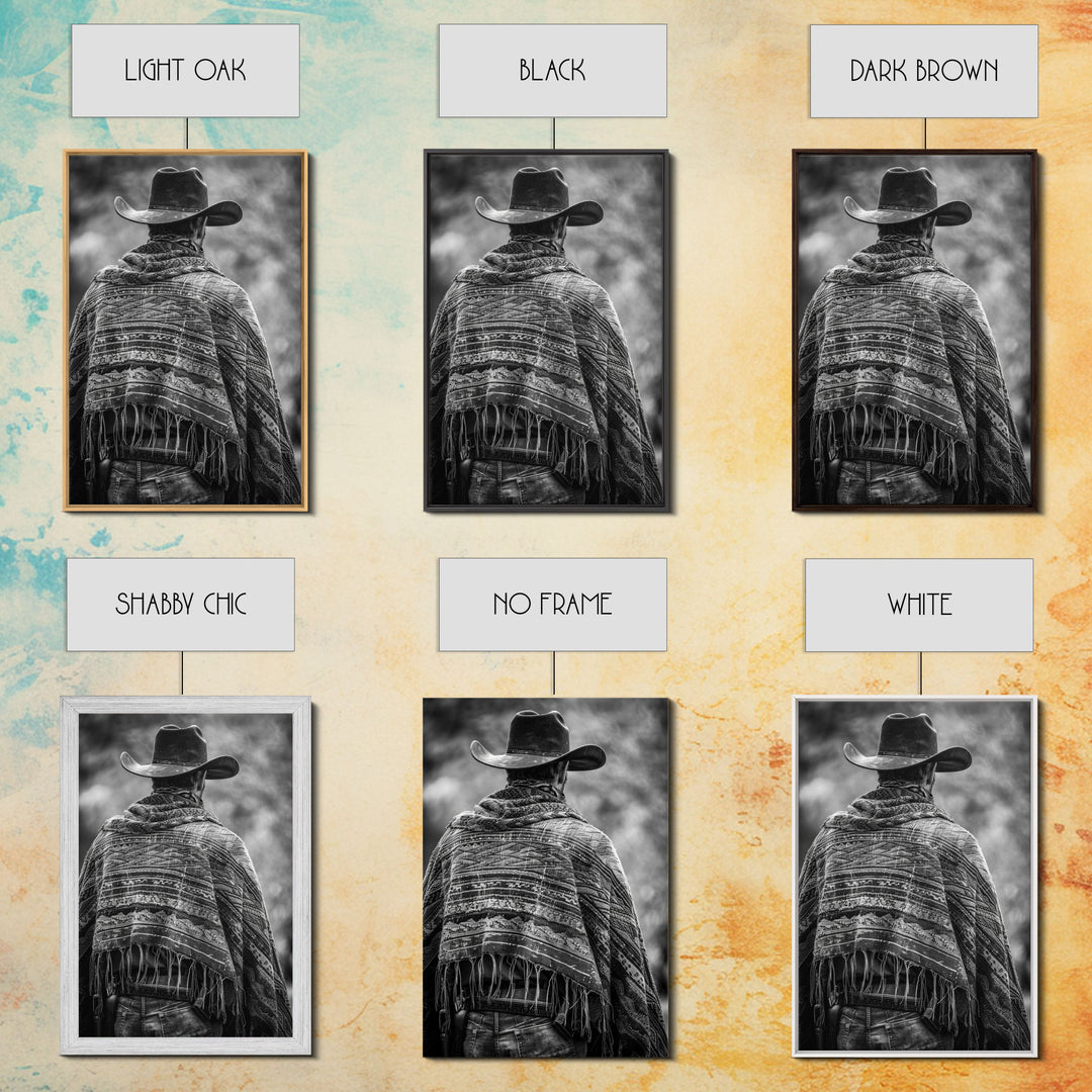 Cowboy in poncho and hat, black and white Western decor, Framed Canvas Print, rustic home art, vintage wall art for living room or bedroom