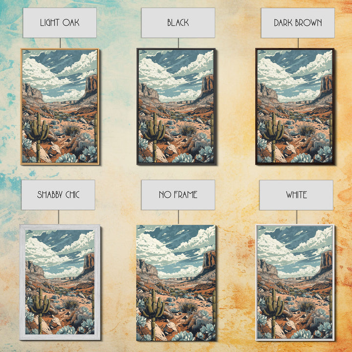 Vintage Western Desert Landscape Art Print, Retro Cactus Framed Canvas, Scenic Southwest Artwork, Unique Desert Wall Decor