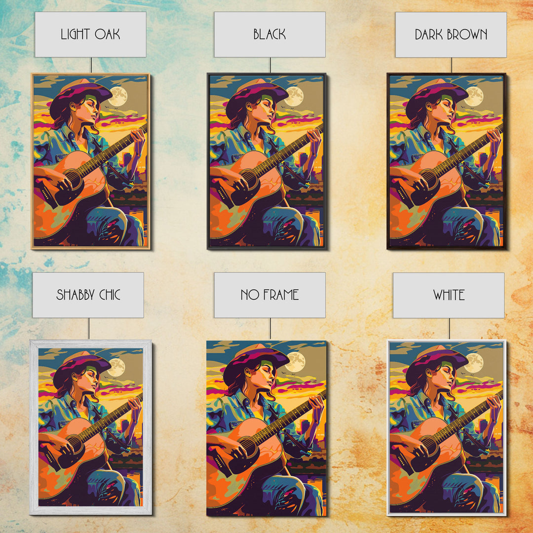 Country Cowboy playing guitar under a colorful sunset, pop art style Framed Canvas Print - music decor, country music art, vibrant wall art