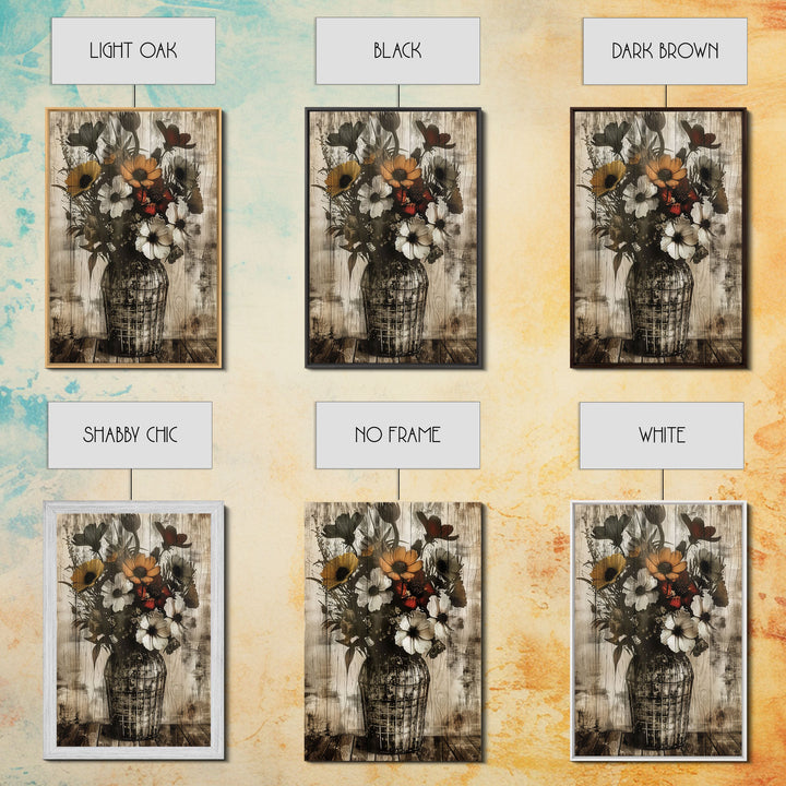 Rustic vase with colorful flowers against a distressed wooden background Framed Canvas Print - floral art, farmhouse decor, rustic wall art