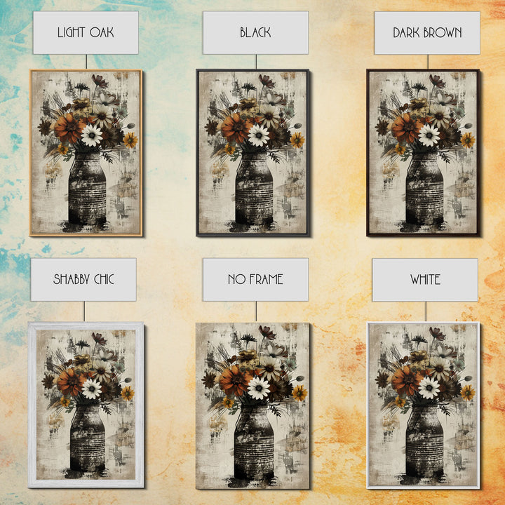Rustic metal vase filled with autumn flowers on rustic background Framed Canvas Print farmhouse floral rustic decor, vintage flower print