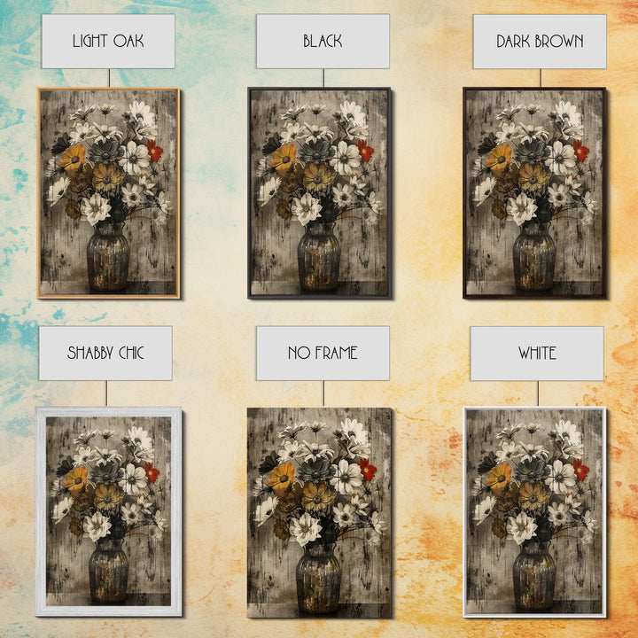Rustic metal vase with wildflowers on a distressed background Framed Canvas Print - vintage floral art, farmhouse decor, rustic wall art