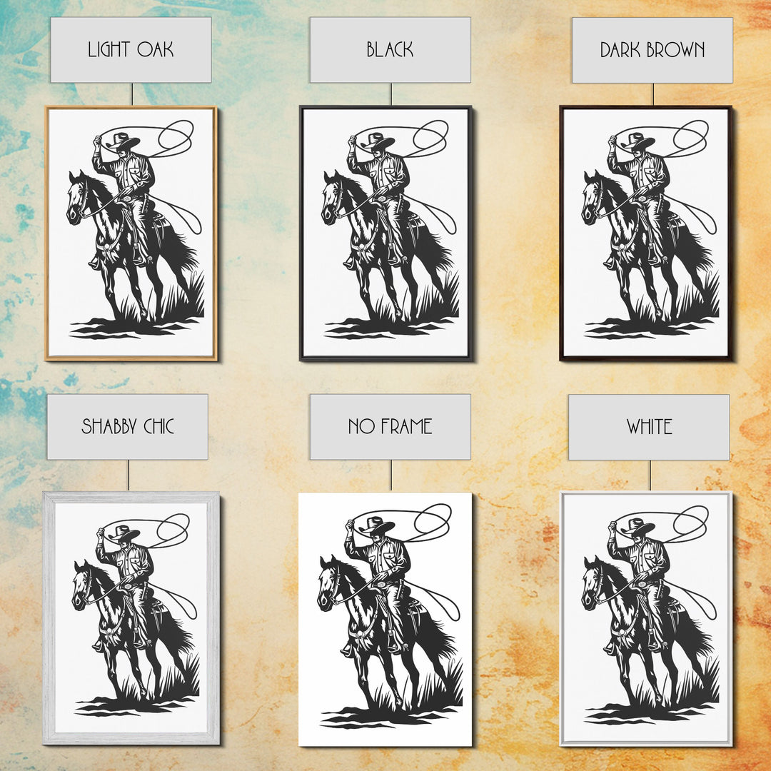 Cowboy Roping Horse Art Print, Western Silhouette Framed Canvas, Vintage Rodeo Cowboy Artwork, Rustic Western Home Decor
