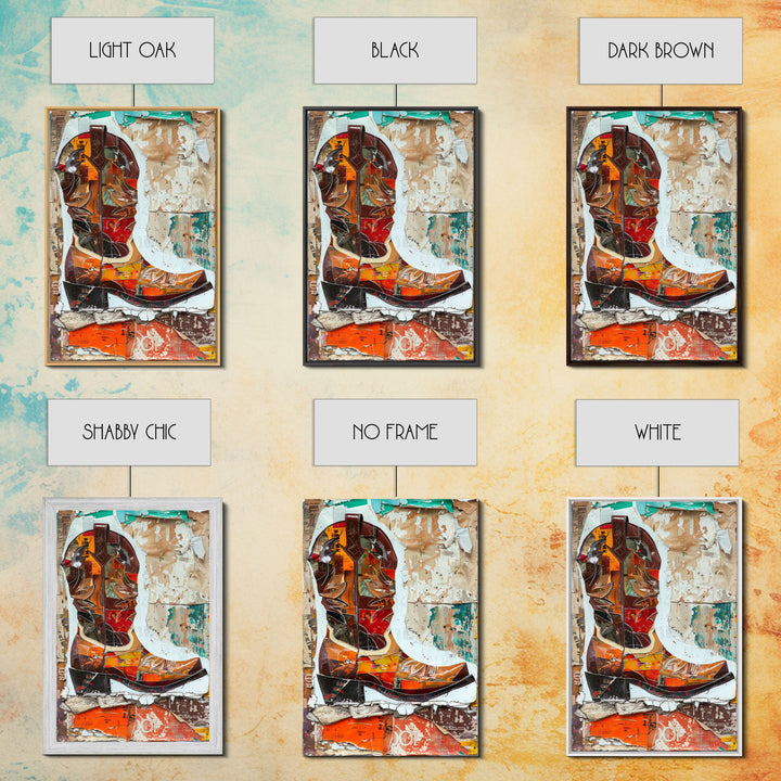 Vintage Western Boot Collage Art on Distressed Background - Framed Canvas Print, Rustic Western Decor, Cowboy Boot Wall Art for Home Decor