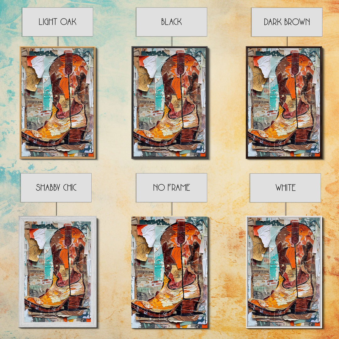 Rustic Cowboy Boot Collage on Distressed Background - Framed Canvas Print, Vintage Western Home Decor, Unique Cowboy Boot Wall Art