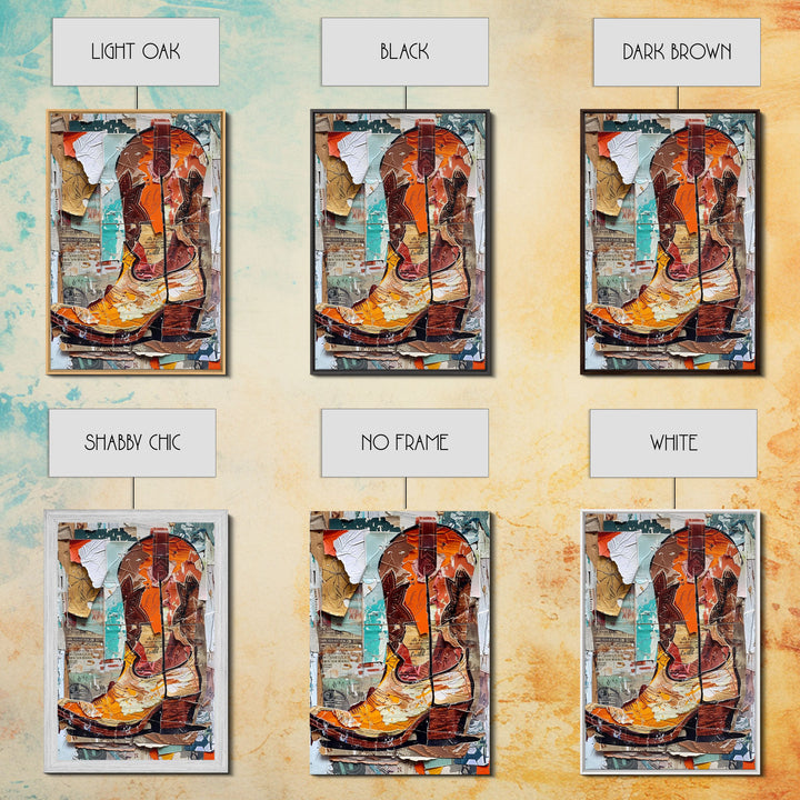 Rustic Cowboy Boot Collage on Distressed Background - Framed Canvas Print, Vintage Western Home Decor, Unique Cowboy Boot Wall Art