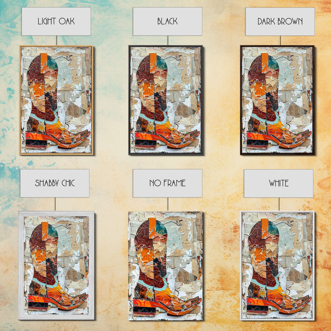 Colorful Western Boot Collage Artwork on Textured Background - Framed Canvas Print, Cowboy Boot Wall Art, Western Home Decor