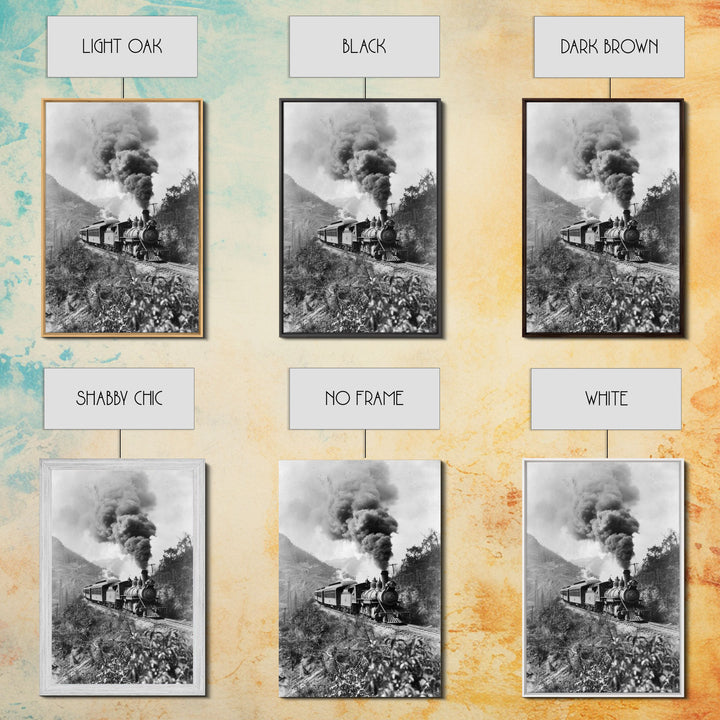 Vintage Train in Motion Black and White Photography - Framed Canvas Print, Railroad Art, Rustic Train Wall Art for Home Decor