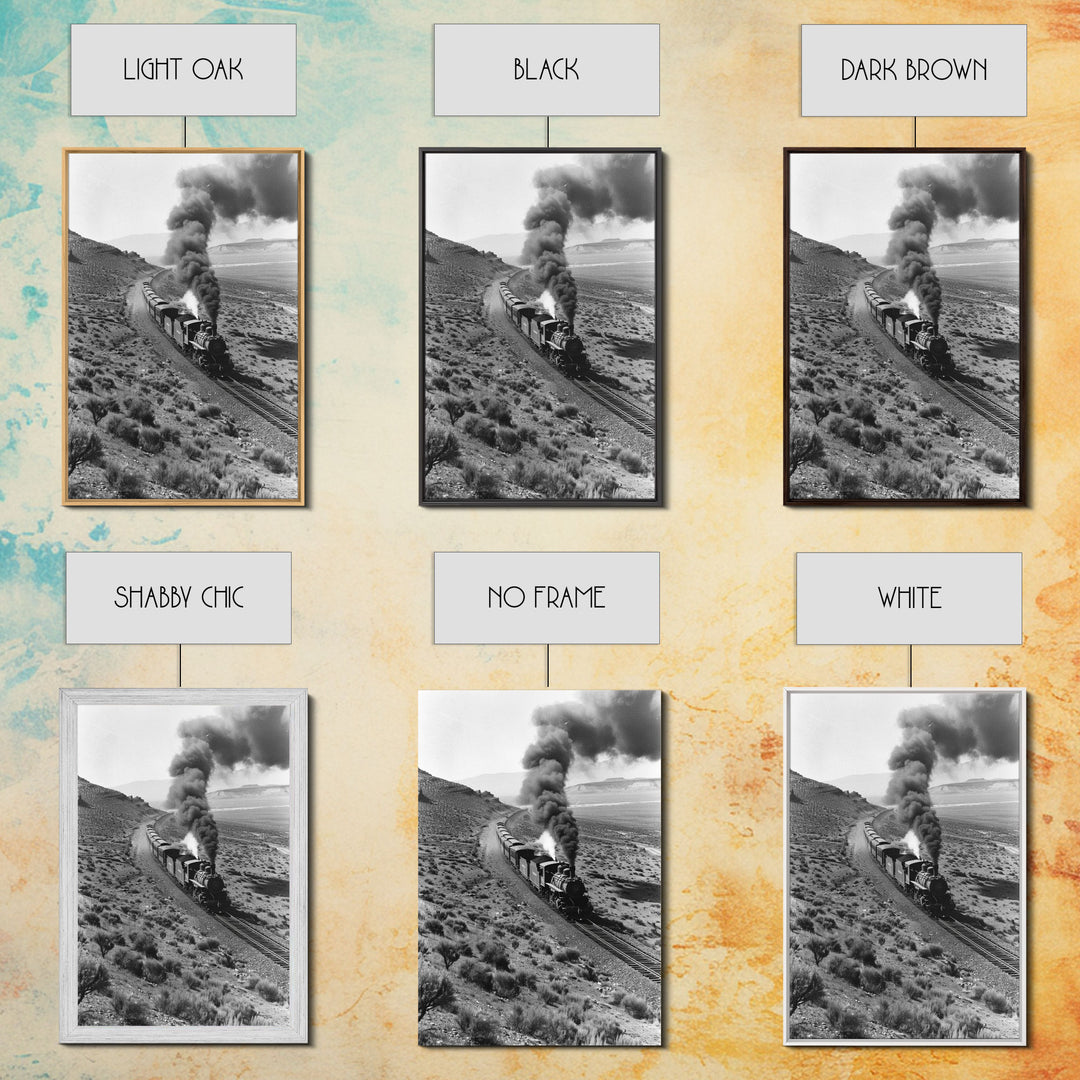 Train Journey Through the Desert Black and White Photography - Framed Canvas Print, Railroad Art, Rustic Train Wall Art Decor