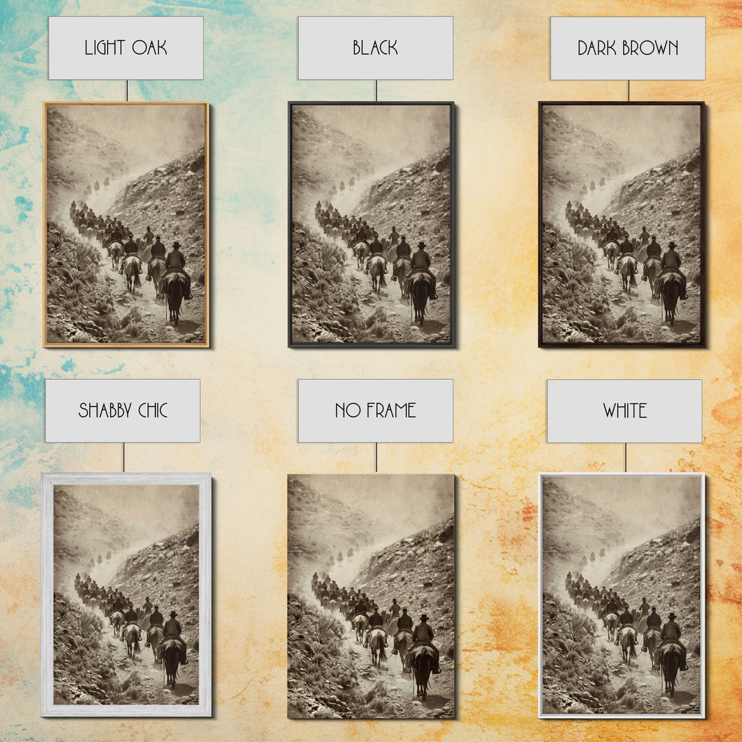 Vintage Cowboy Trail Sepia Print - Framed Canvas Western Decor, Rustic Wall Art for Living Room, Western Theme Art for Home Decor