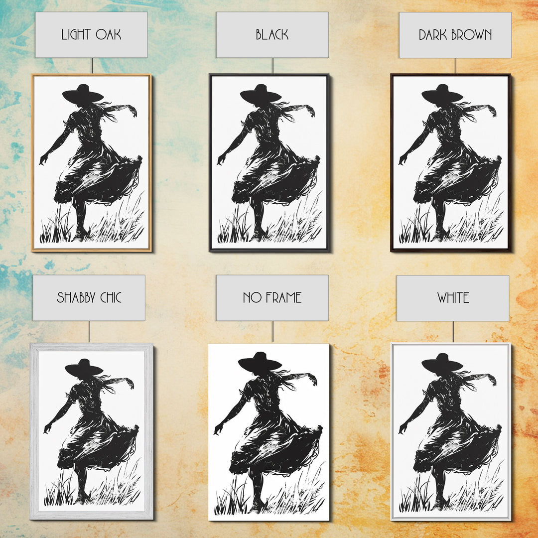 Country Girl Silhouette Art Print, Framed Canvas Western Decor, Vintage Cowgirl Artwork, Rustic Southwest Wall Art for Home