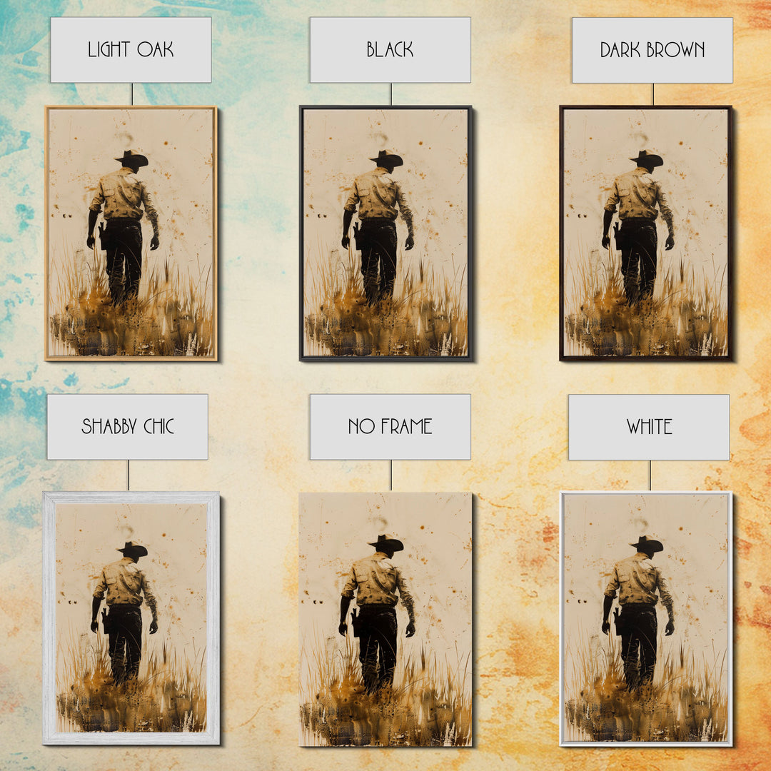 Cowboy Walking in the Field Print - Framed Canvas Wall Art, Rustic Western Decor, Cowboy Artwork for Living Room, Vintage Art, Rustic Decor