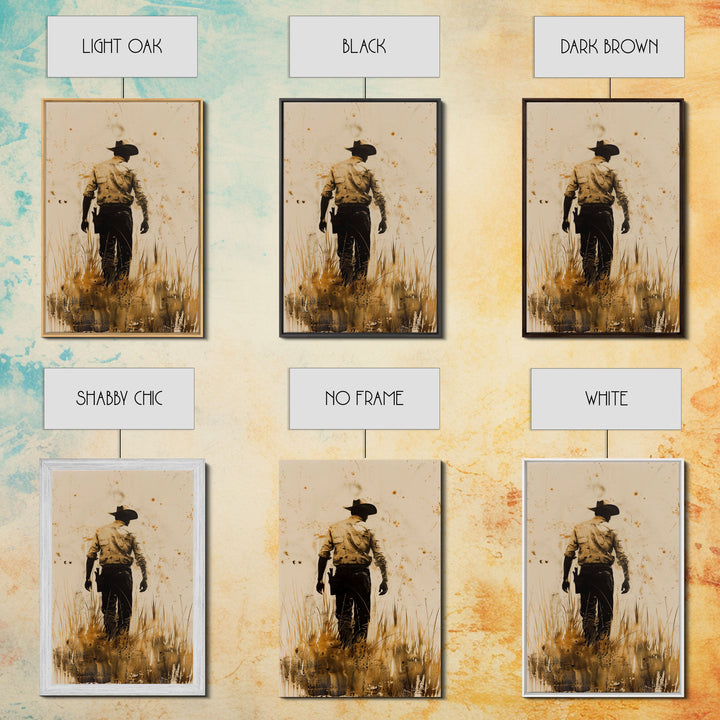 Cowboy Walking in the Field Print - Framed Canvas Wall Art, Rustic Western Decor, Cowboy Artwork for Living Room, Vintage Art, Rustic Decor
