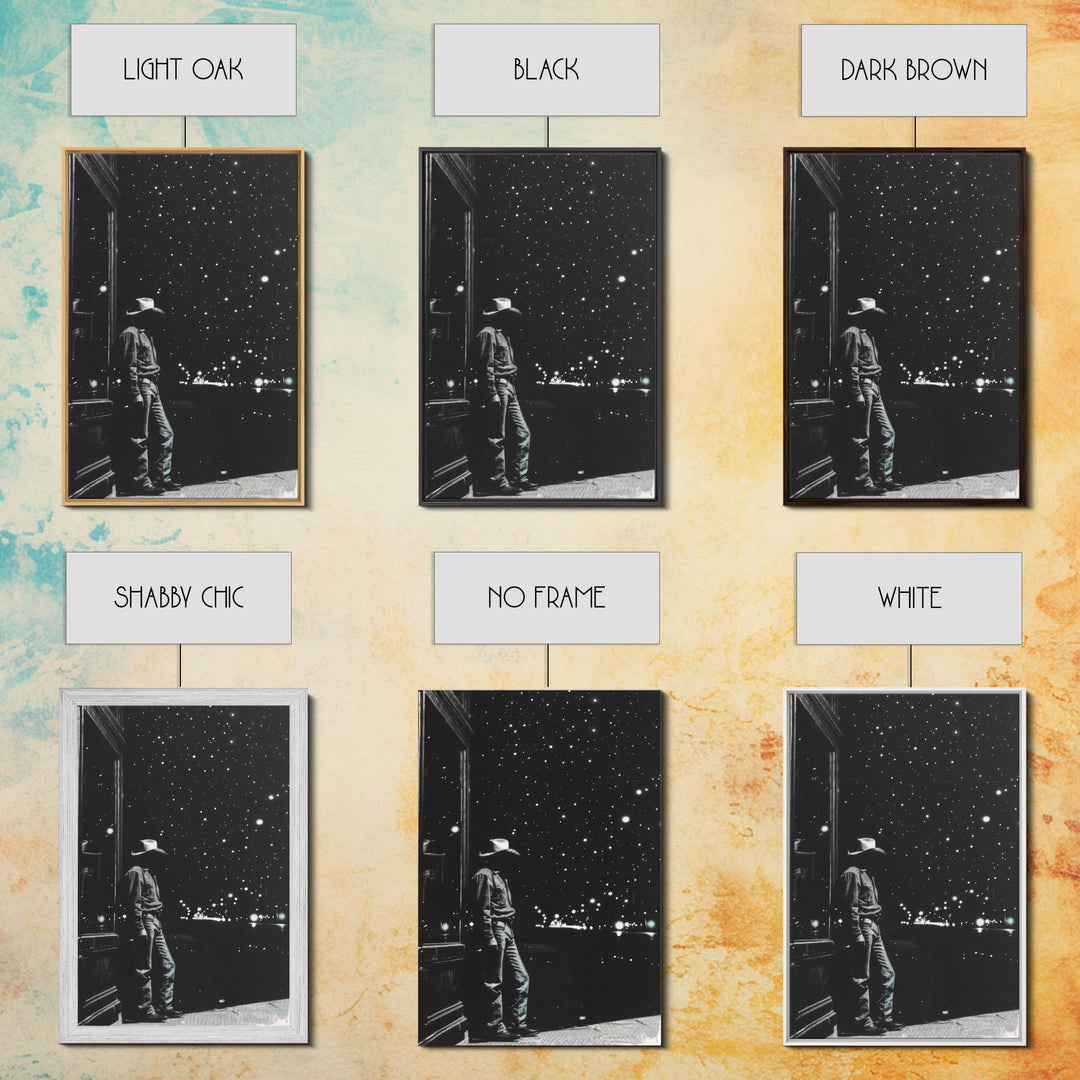 Cowboy in Starry Night Print - Framed Canvas Wall Art, Rustic Western Decor, Starry Sky Cowboy Artwork for Living Room, Night Sky Art