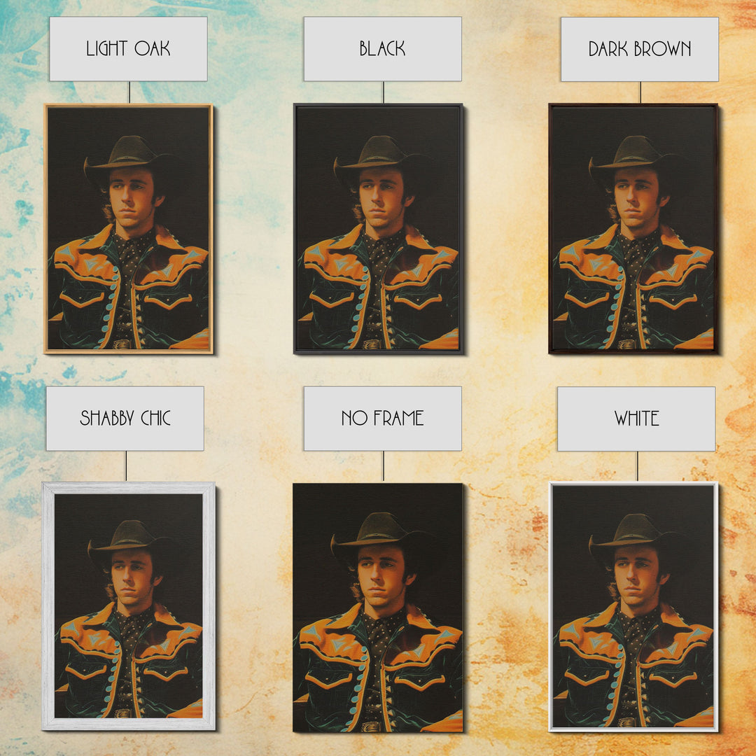 Retro Cowboy Portrait Print - Framed Canvas Wall Art, Rustic Western Decor, Vintage Cowboy Artwork for Living Room, Historical Portrait