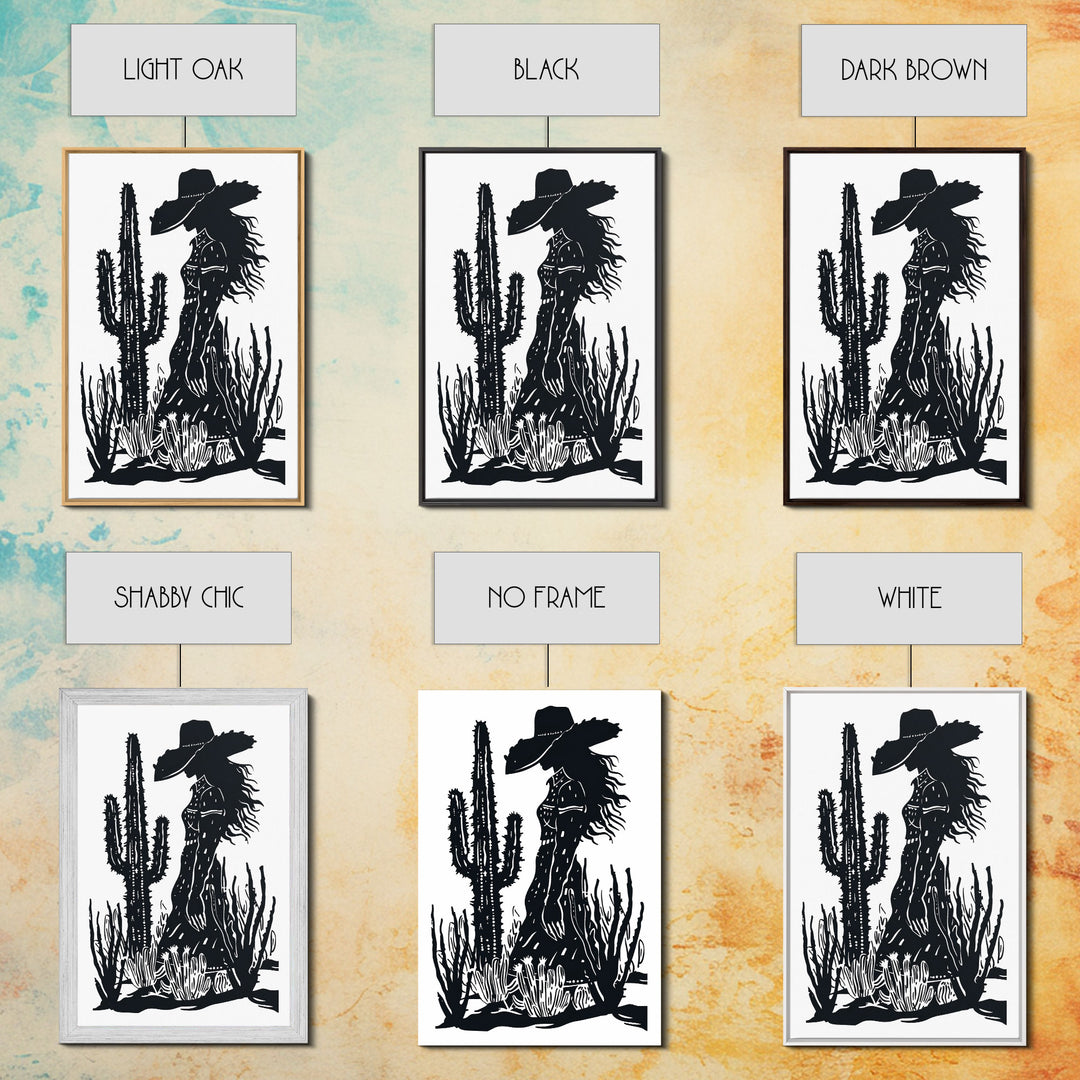 Cowgirl at Sunset Art Print, Western Silhouette Framed Canvas, Vintage Desert Scene, Rustic Western Home Decor, Unique Wall Art