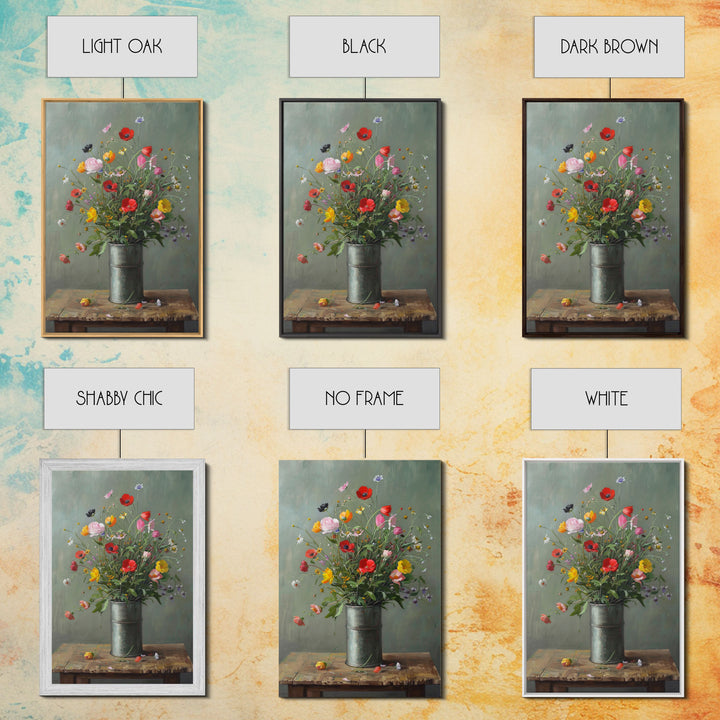 Rustic Flower Vase Art on Weathered Table - Framed Canvas Print, Country Living Room Decor, Farmhouse Floral Wall Art, Vintage Floral Design