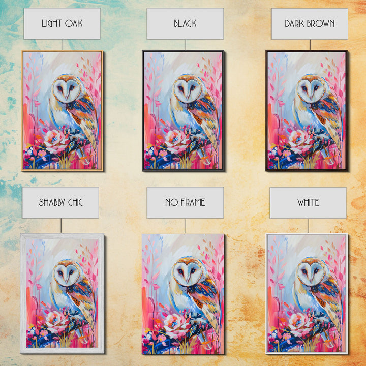 Colorful Owl Art on Pink Background - Framed Canvas Print, Modern Animal Decor for Living Room, Bright Bird Artwork, Whimsical Wall Art