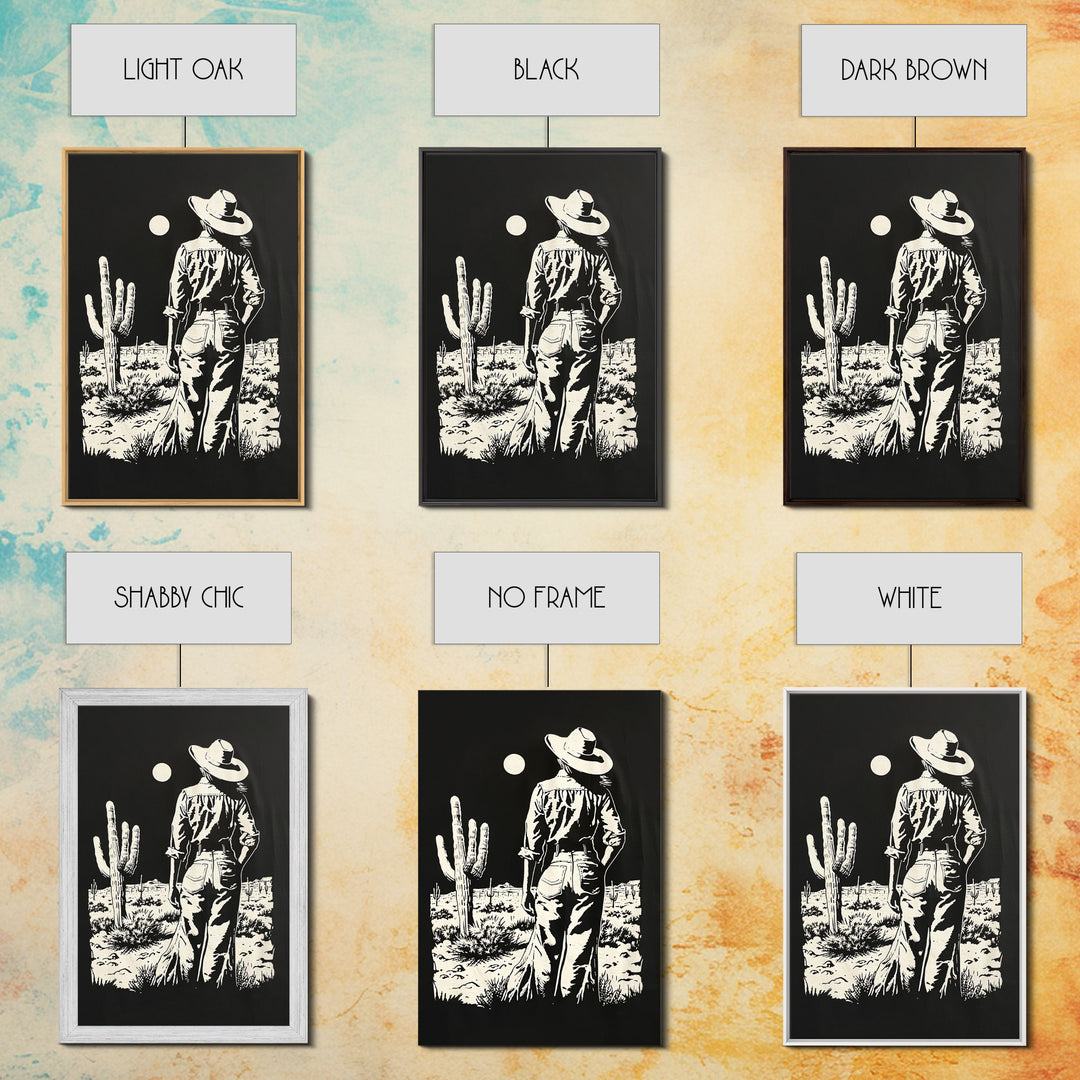 Cowgirl Guitarist Art Print, Western Silhouette Framed Canvas, Vintage Country Music Artwork, Rustic Western Home Decor