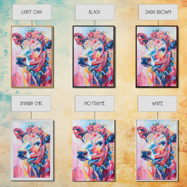 Floral Crowned Cow Portrait - Whimsical Farmhouse Wall Art, Vibrant Animal Painting, Bedroom Decor, Cute Cow Canvas Print