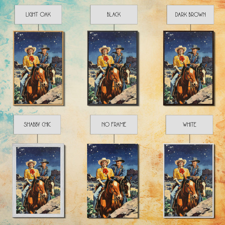 Vintage Western Couple Riding Horses Under Stars - Rustic Cowboy Wall Art, Night Sky Painting, Living Room Decor, Western Canvas