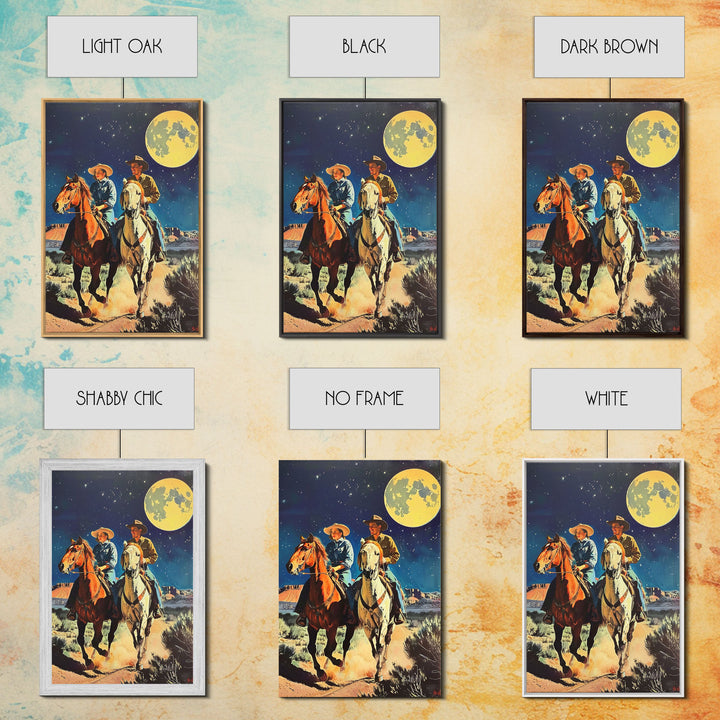 Vintage Cowboy Couple Under Moonlit Sky - Rustic Western Wall Art, Night Sky Painting, Bedroom Decor, Cowboy Canvas Print