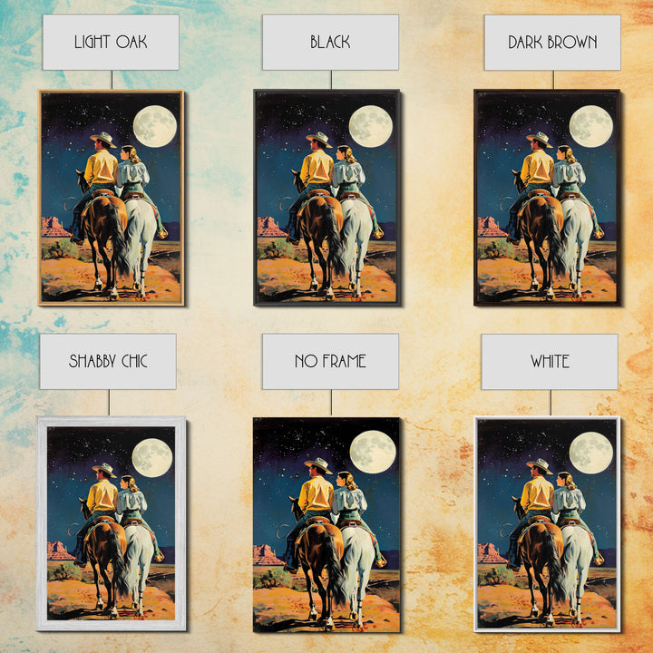 Cowboy Couple Gazing at Moon - Vintage Western Wall Art, Romantic Night Sky Painting, Living Room Decor, Cowboy Canvas Print