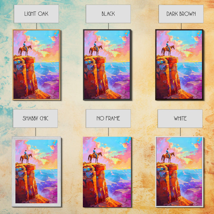 Cowboy on Cliff Edge at Sunset - Colorful Western Landscape Painting, Sunset Wall Art, Living Room Decor, Cowboy Canvas Print