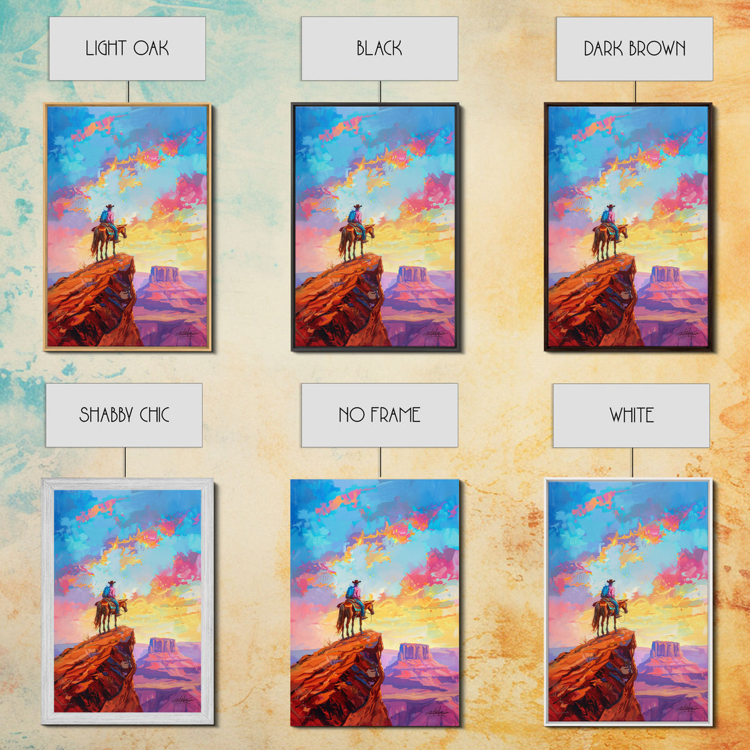 Cowboy on Horseback Overlooking Canyon - Vibrant Western Landscape Art, Sunset Painting, Living Room Decor, Cowboy Canvas Print