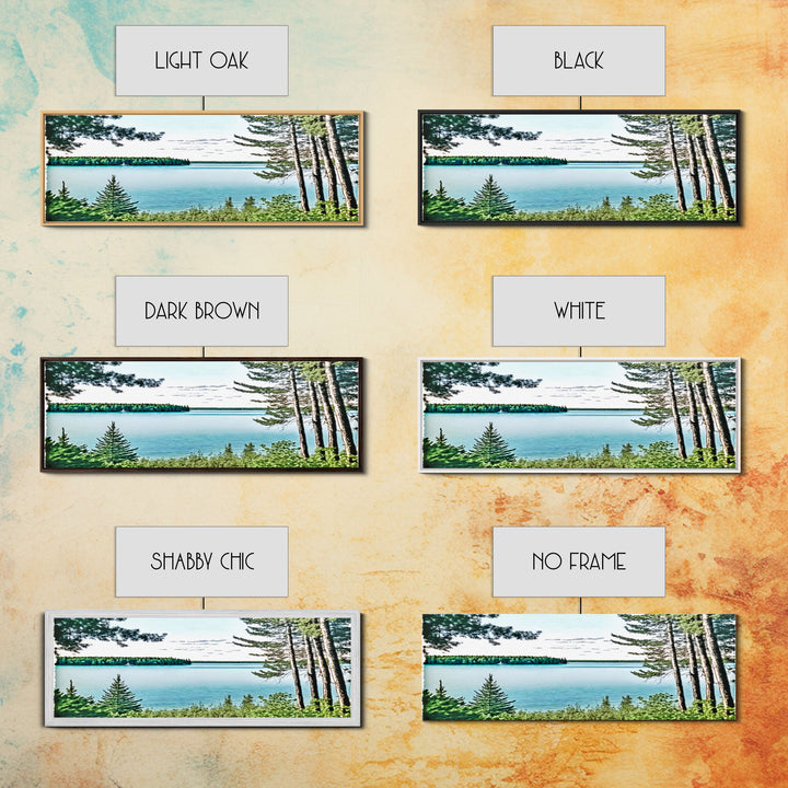 Pacific Northwest Lake Scene Watercolor Landscape Canvas Print - Framed Panoramic Artwork for Home Decor - Pine Tree Forest Lake Landscape
