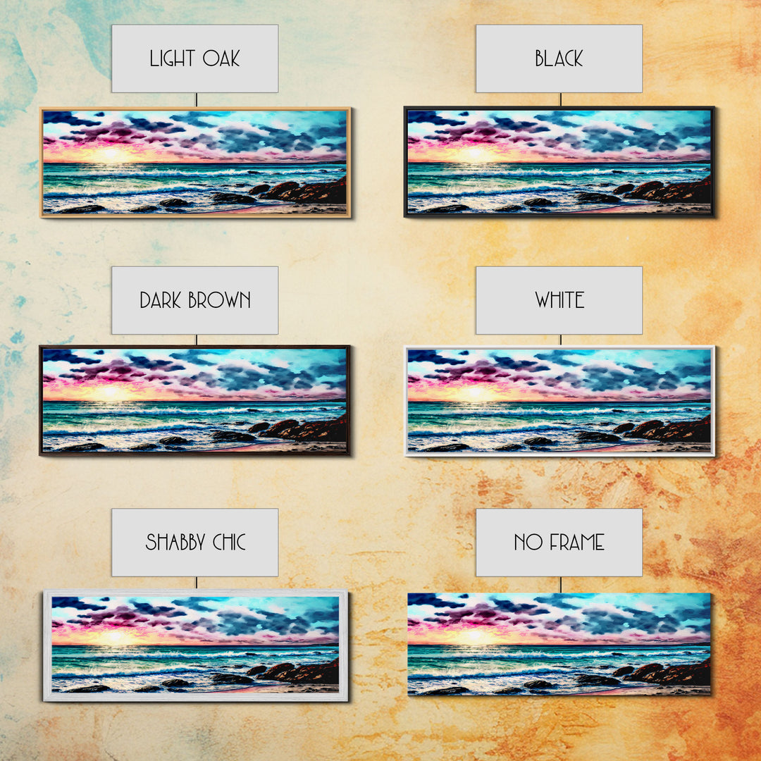 Vibrant Beach Panoramic Framed Canvas Print - Watercolor Landscape Painting with Clouds & Waves - For Home or Office Decor