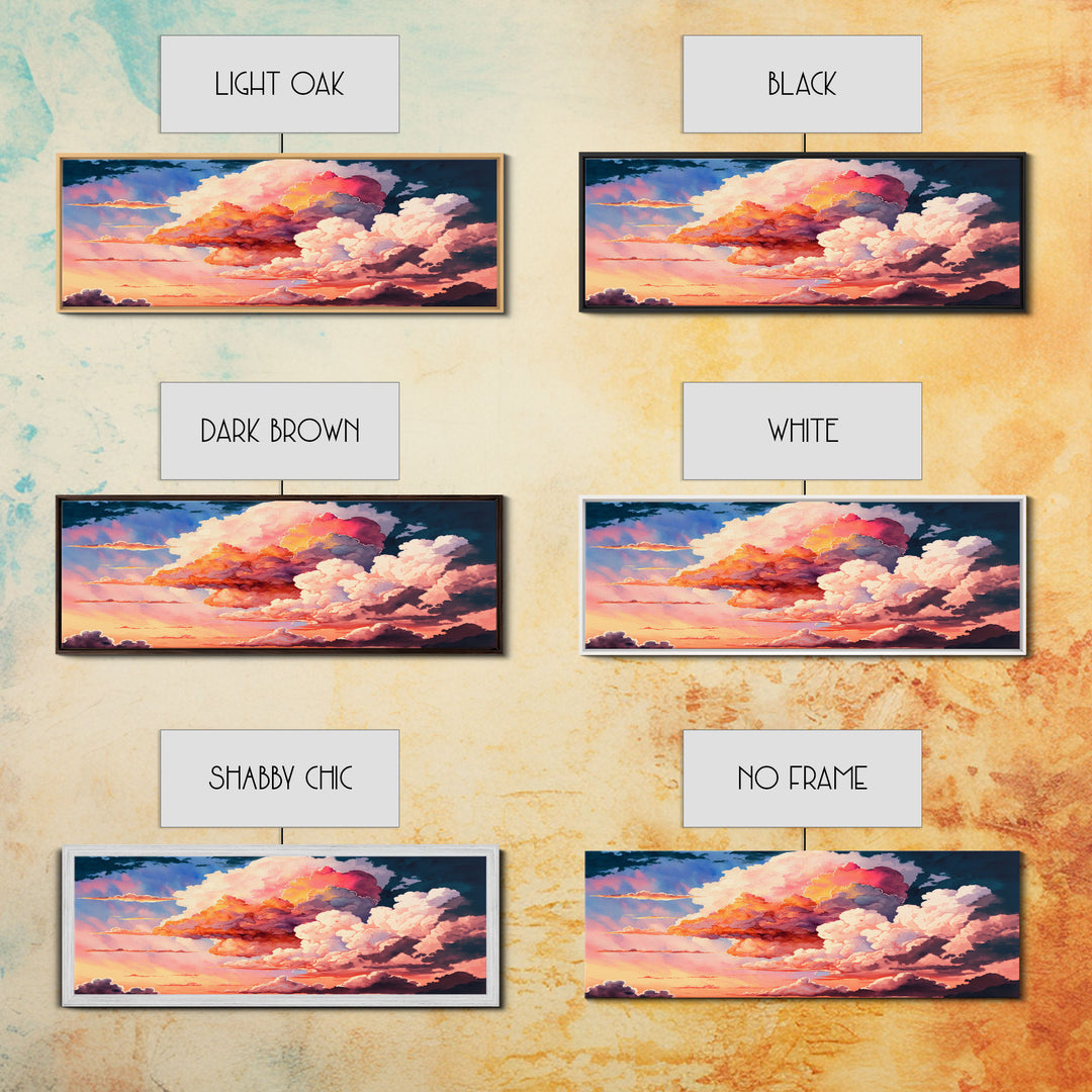 Panoramic Framed Canvas Print of Watercolor Panoramic Landscape Painting of Red & Pink Clouds at Sunset, Framed Wall Art