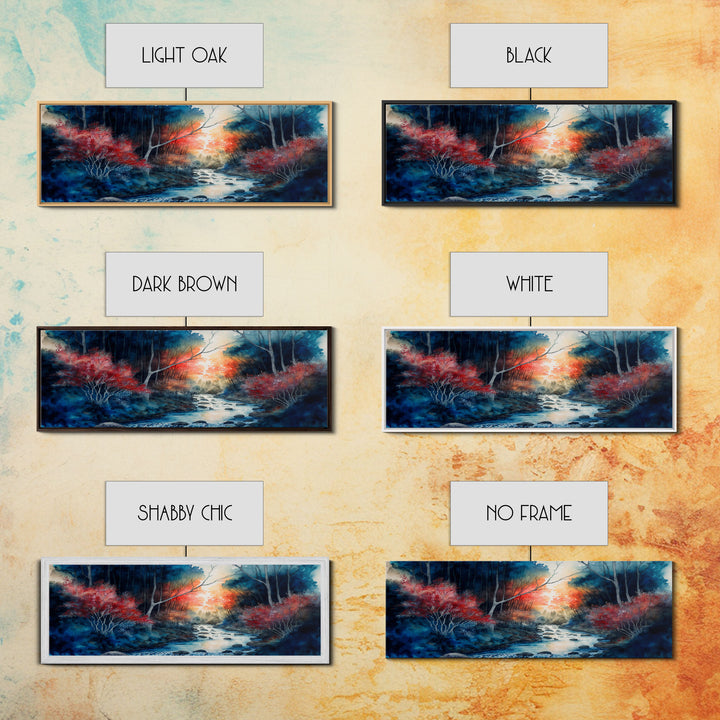 Panoramic Framed Canvas Print - Watercolor Forest and River Landscape, Perfect for Living Room, Bedroom, Home Office