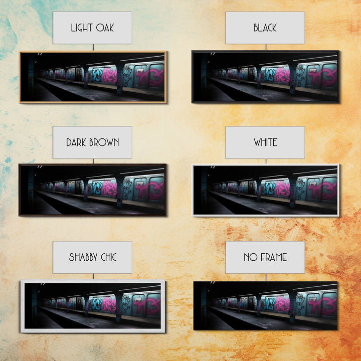 Urban Art, Graffiti On Subway Train, Pink And Teal Graffiti Art Canvas, Wall Decor Framed Canvas Print, Panoramic, Wall Art, Canvas Print