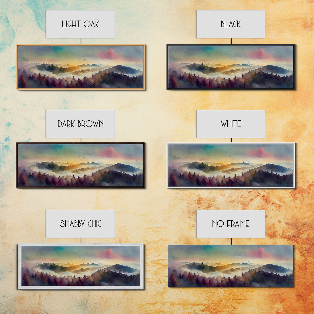 Dramatic Watercolor Sunset Landscape, Ready To Hang Canvas Print, Panoramic, Emerald Green Landscape Wall Decor, Watercolour Painting