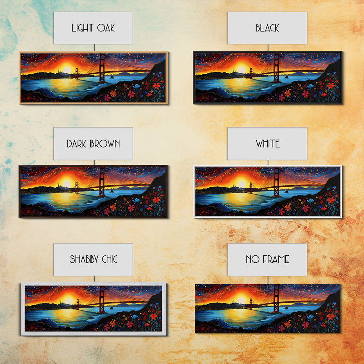 Golden Gate Bridge Abstract Panoramic Framed Canvas Print, Van Gogh Inspired Original Painting, Colorful California Wall Art