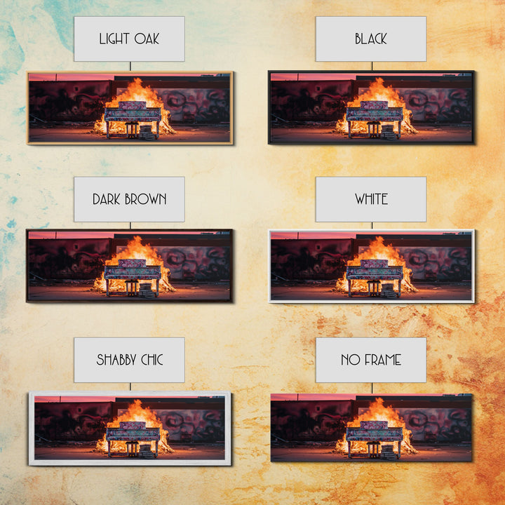 The Burning Piano, Urban Decay Art, Street Art, Framed Canvas Print, Graffiti Art, Panoramic Wall Art