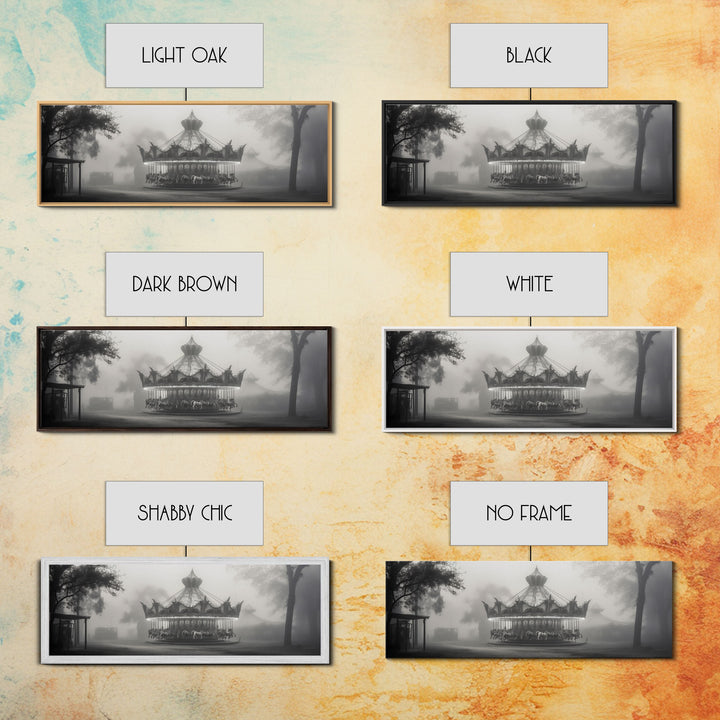 Creepy Carousel / Merry Go Round Wall Art, Framed Canvas Print, Black And White Art