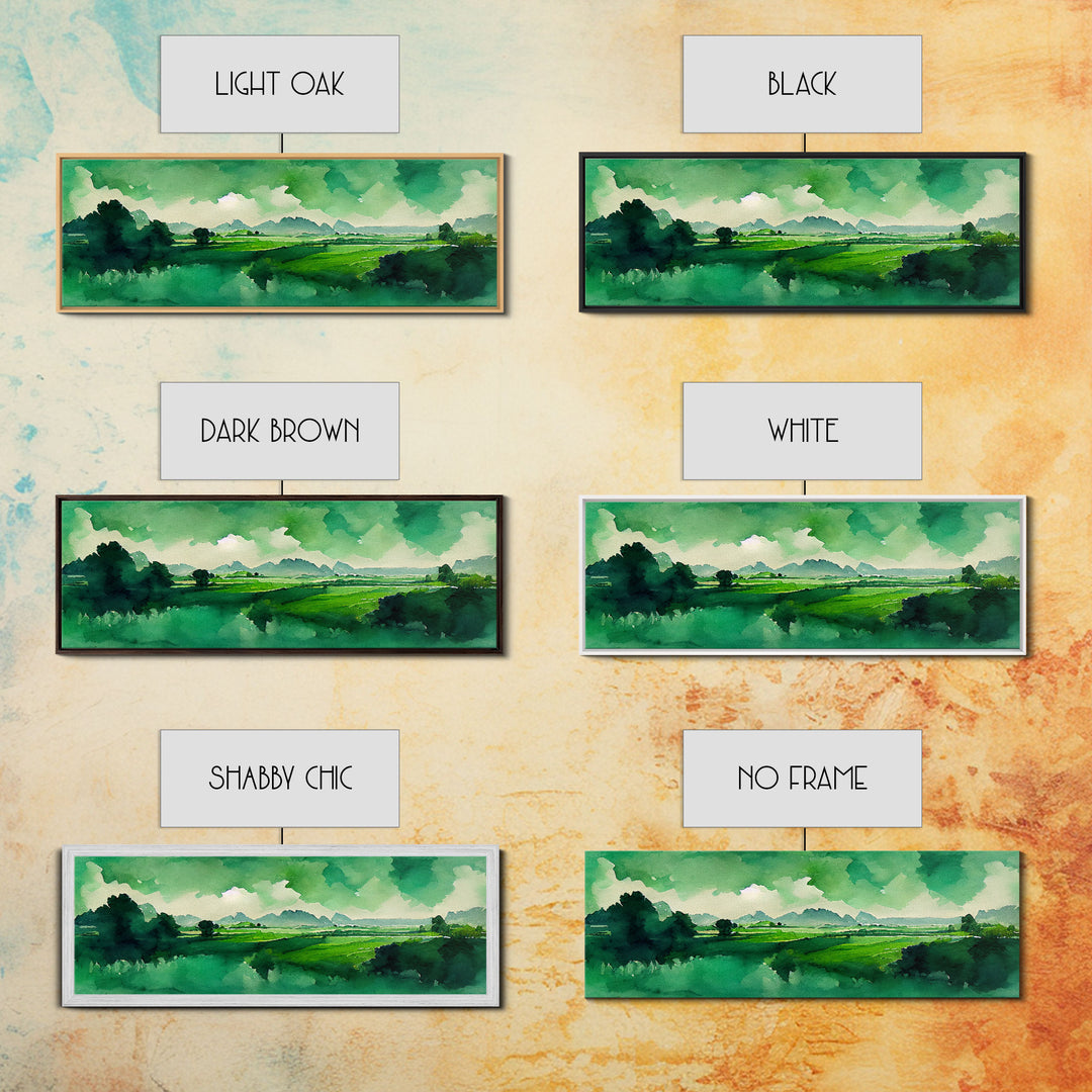 Watercolor Forest Landscape, Emerald Green, Extra Large Wall Art, Framed Panoramic Canvas Print, Framed Wall Decor