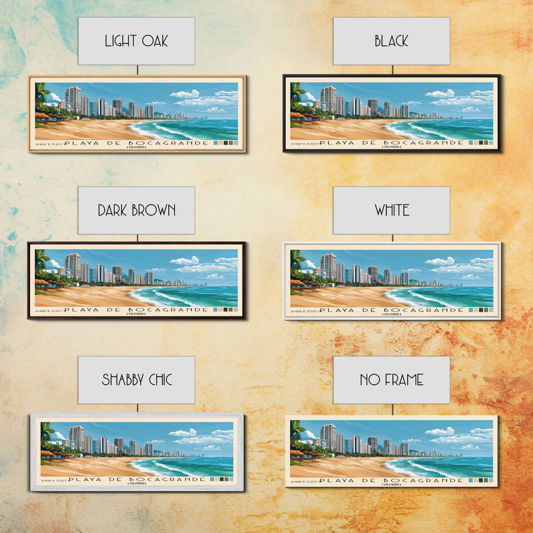Playa de Bocagrande, Colombia Panoramic Beach Print, Vacation Gift, Colombia Wall Art, Framed Canvas Print, Framed Beach Painting
